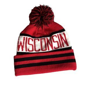 Youth Wisconsin Winter Hat Beanie Cap Knit Red Black Striped Sz One Size